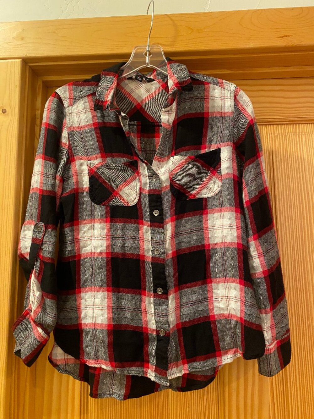 Long Sleeve Rock and Republic Button up shirt, Red plaid with gold subtle gold s